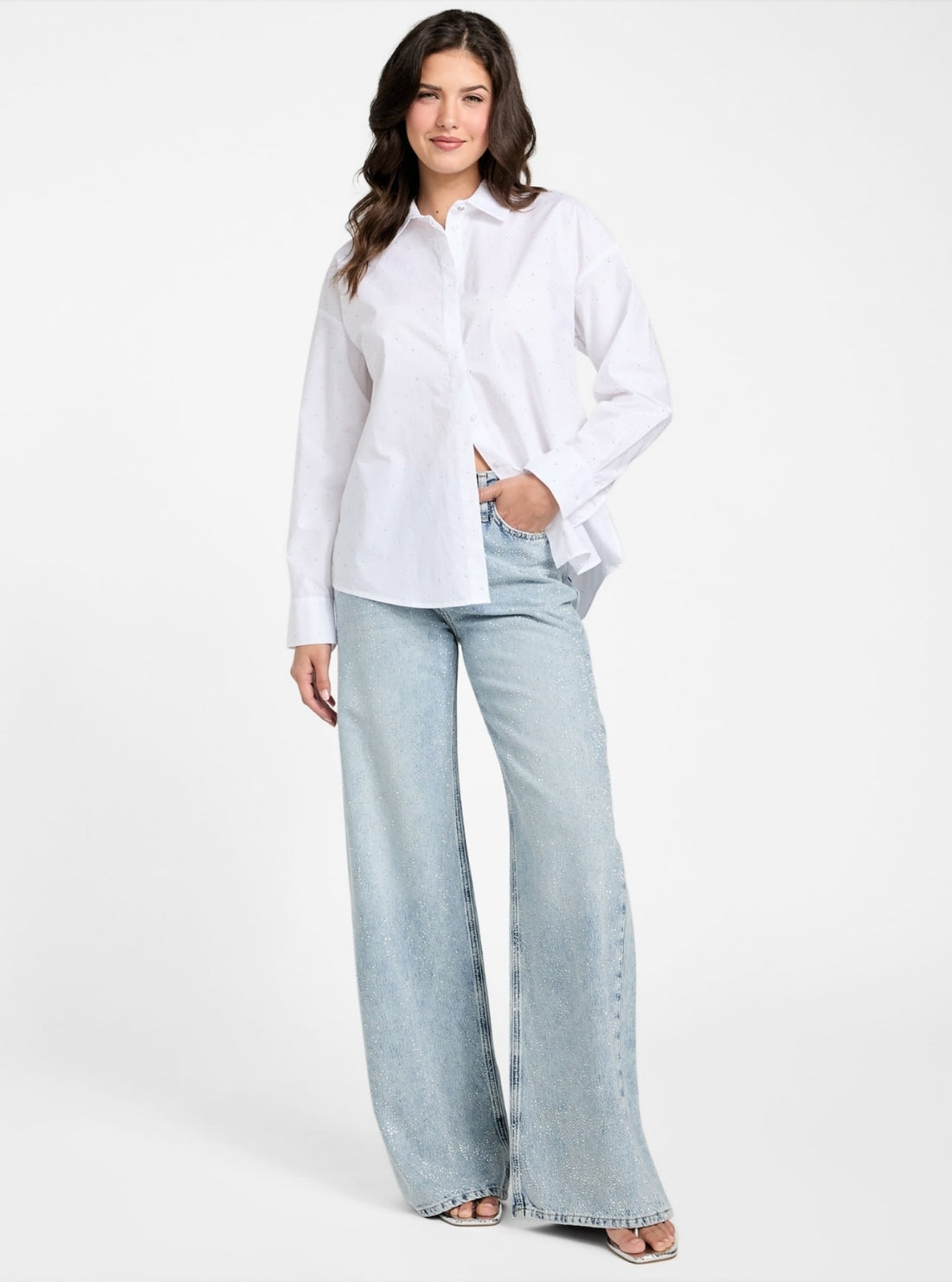 GUESS Womens High-Rise Wide Leg Bellflower Jeans in Light Wash W5YA82D5QKA Full View