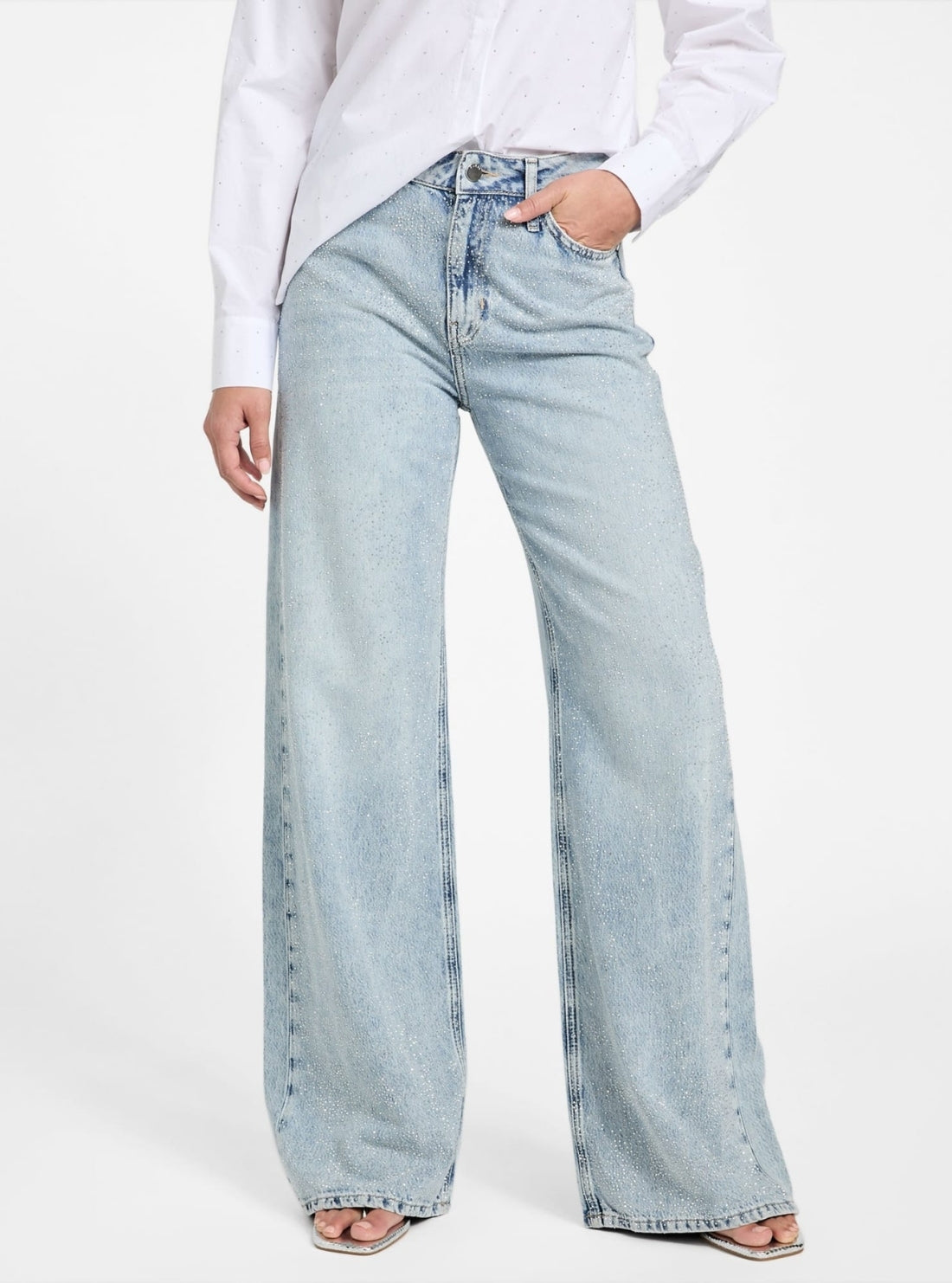 GUESS Womens High-Rise Wide Leg Bellflower Jeans in Light Wash W5YA82D5QKA Front View