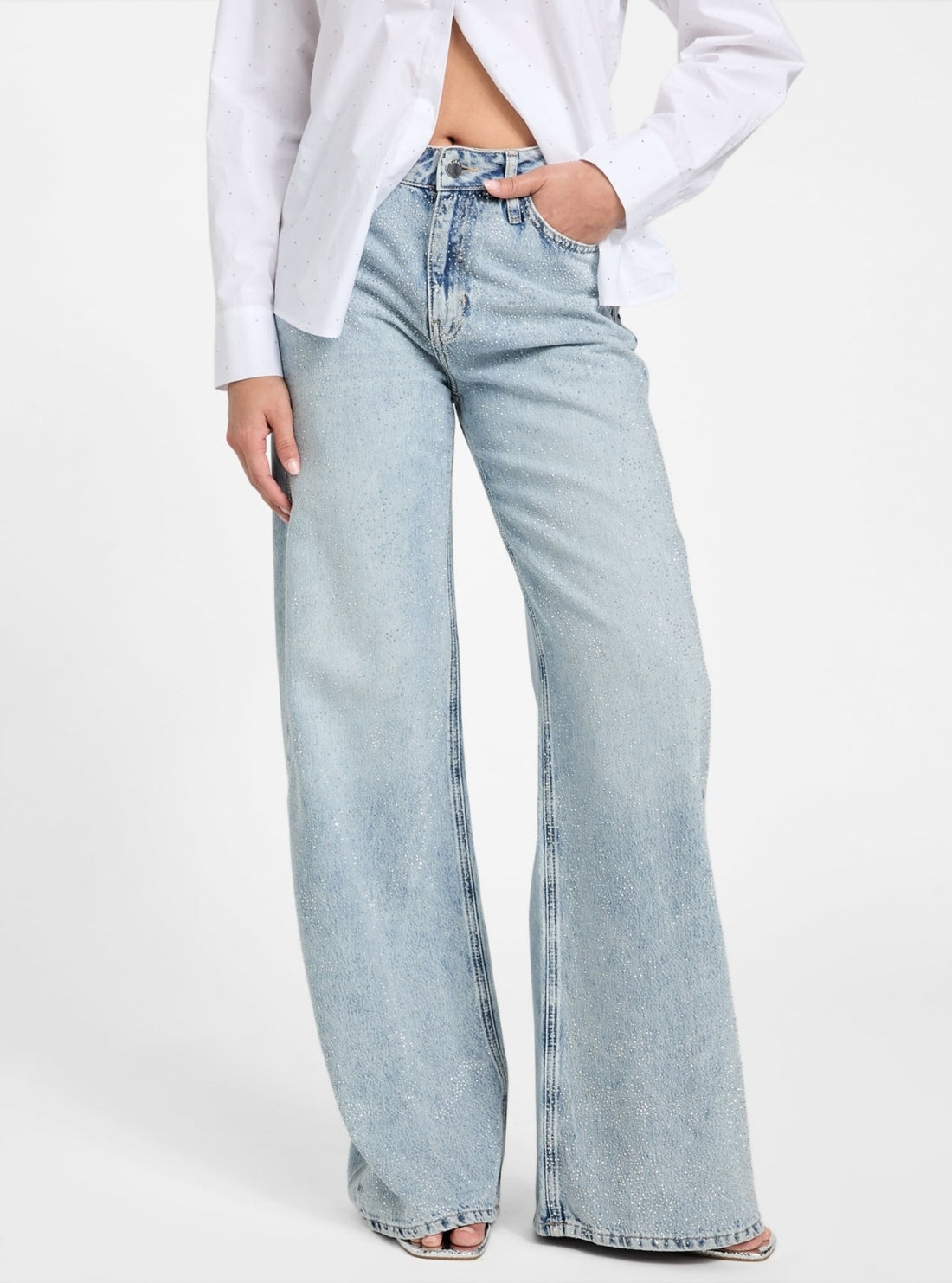 GUESS Womens High-Rise Wide Leg Bellflower Jeans in Light Wash W5YA82D5QKA Front View_2