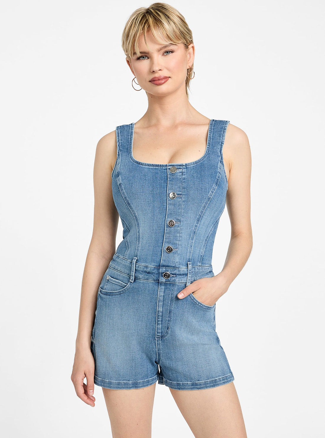 GUESS Womens Eco Blue Sunni Denim Romper W5YD73D4LU0 Front View
