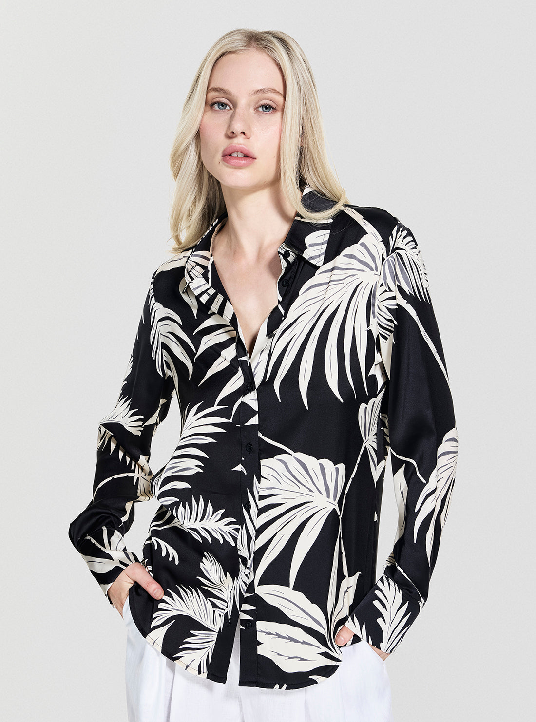 GUESS Womens Eco Tropical Black Print Concetta Button-Up Shirt W5YH03WF1T2 Front view