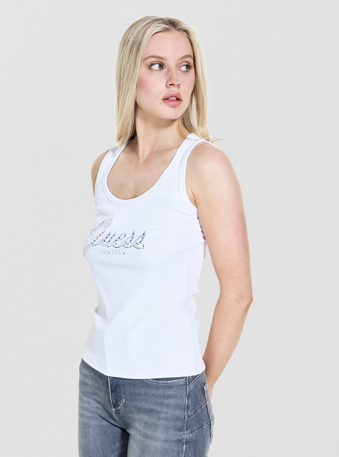 GUESS Womens Eco White Raissa Logo Tank Top W5YP00KCXJ2 Side View