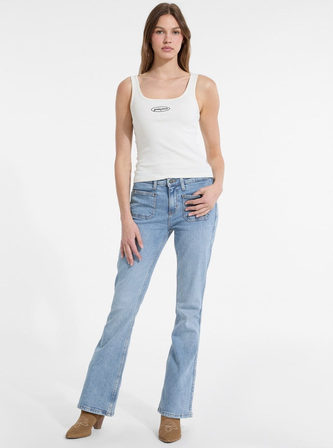 Guess Jeans Beige Slim Rib Tank Top W5YP35KA0H1 Full View