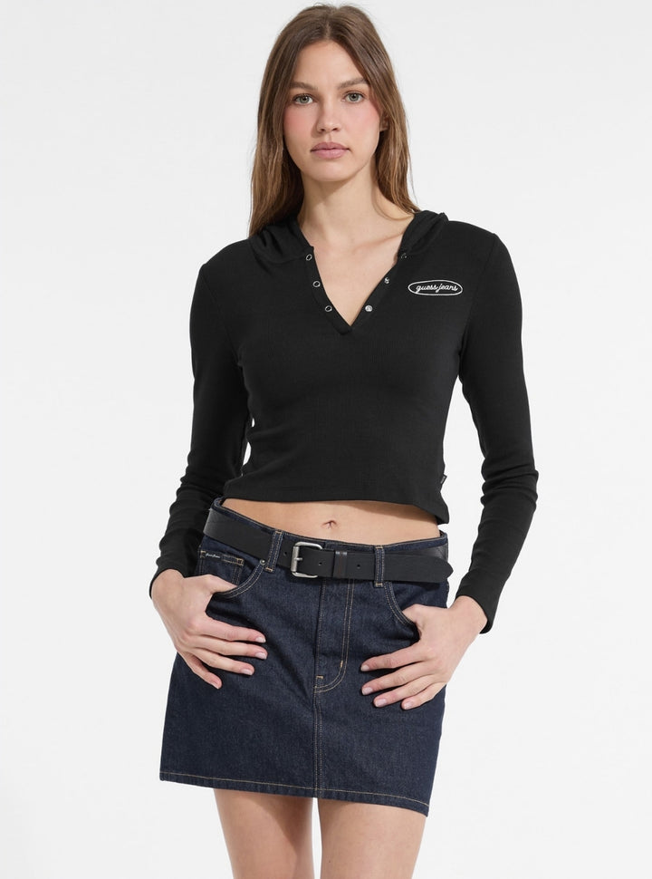 Guess Jeans Black Hooded Slim Top W5YP39KA0H1 Front View