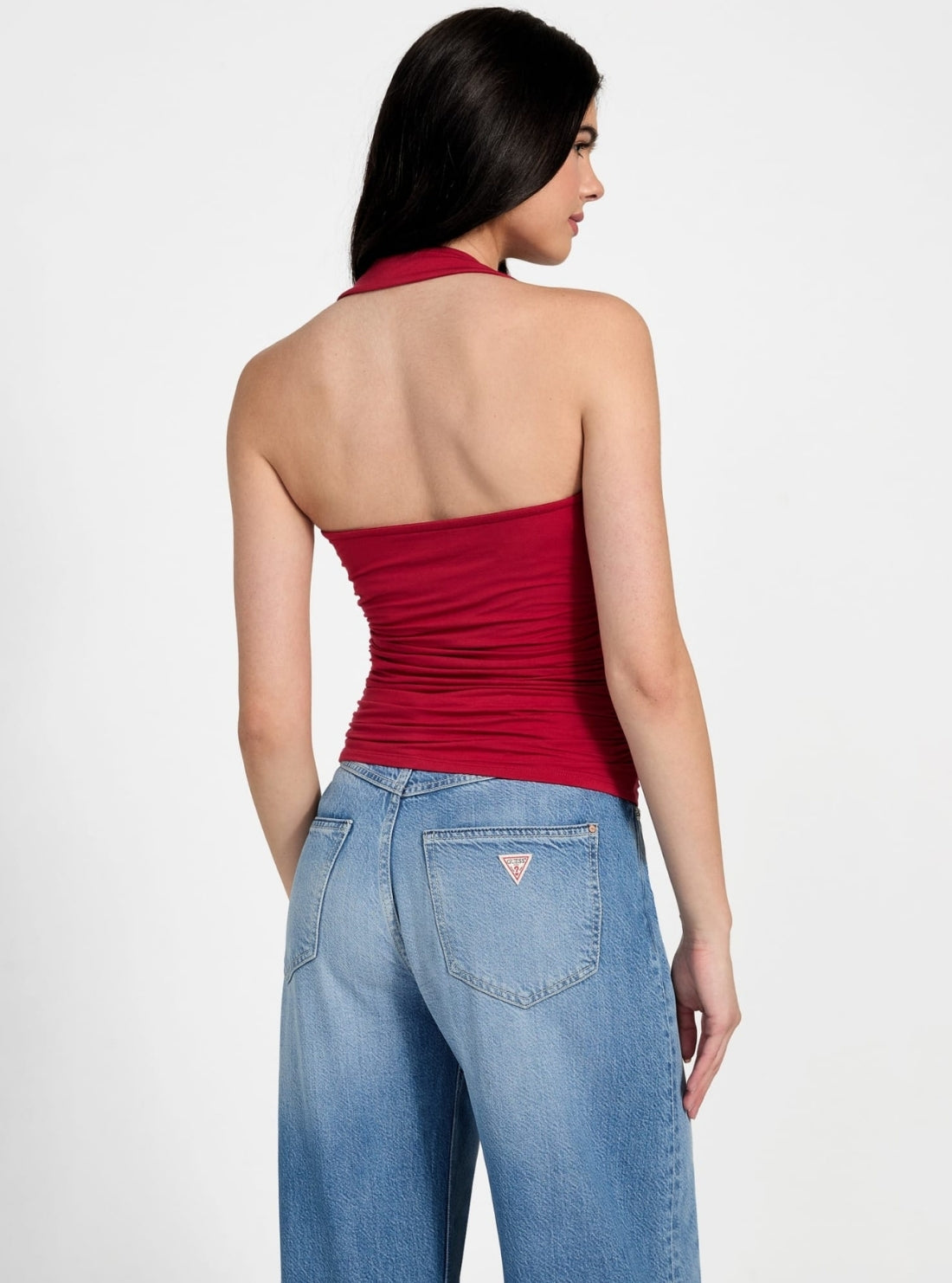 GUESS Womens Eco Red Nora Halter Shirred Tank Top W5YP62KACM2 Back View