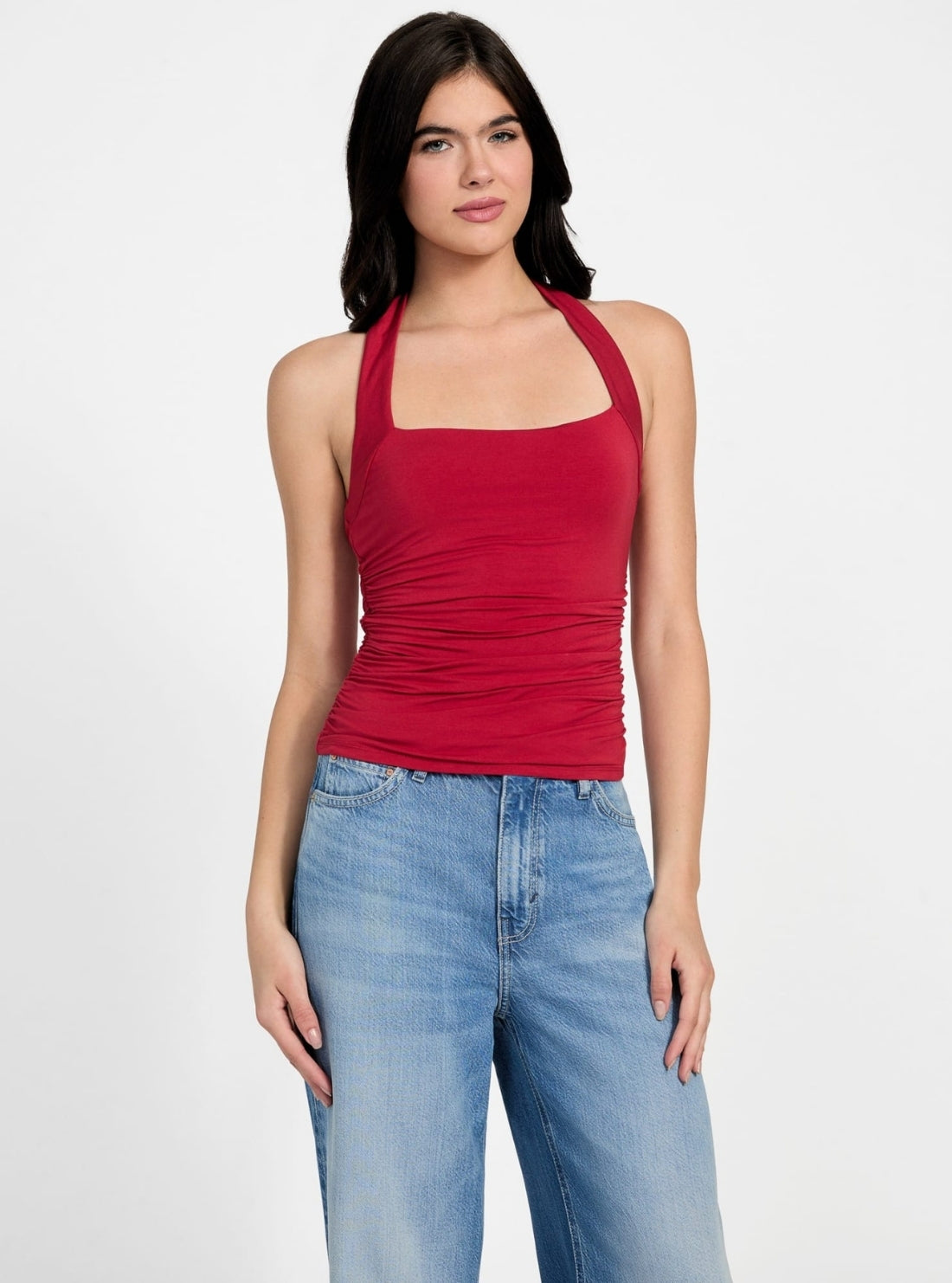 GUESS Womens Eco Red Nora Halter Shirred Tank Top W5YP62KACM2 Front View