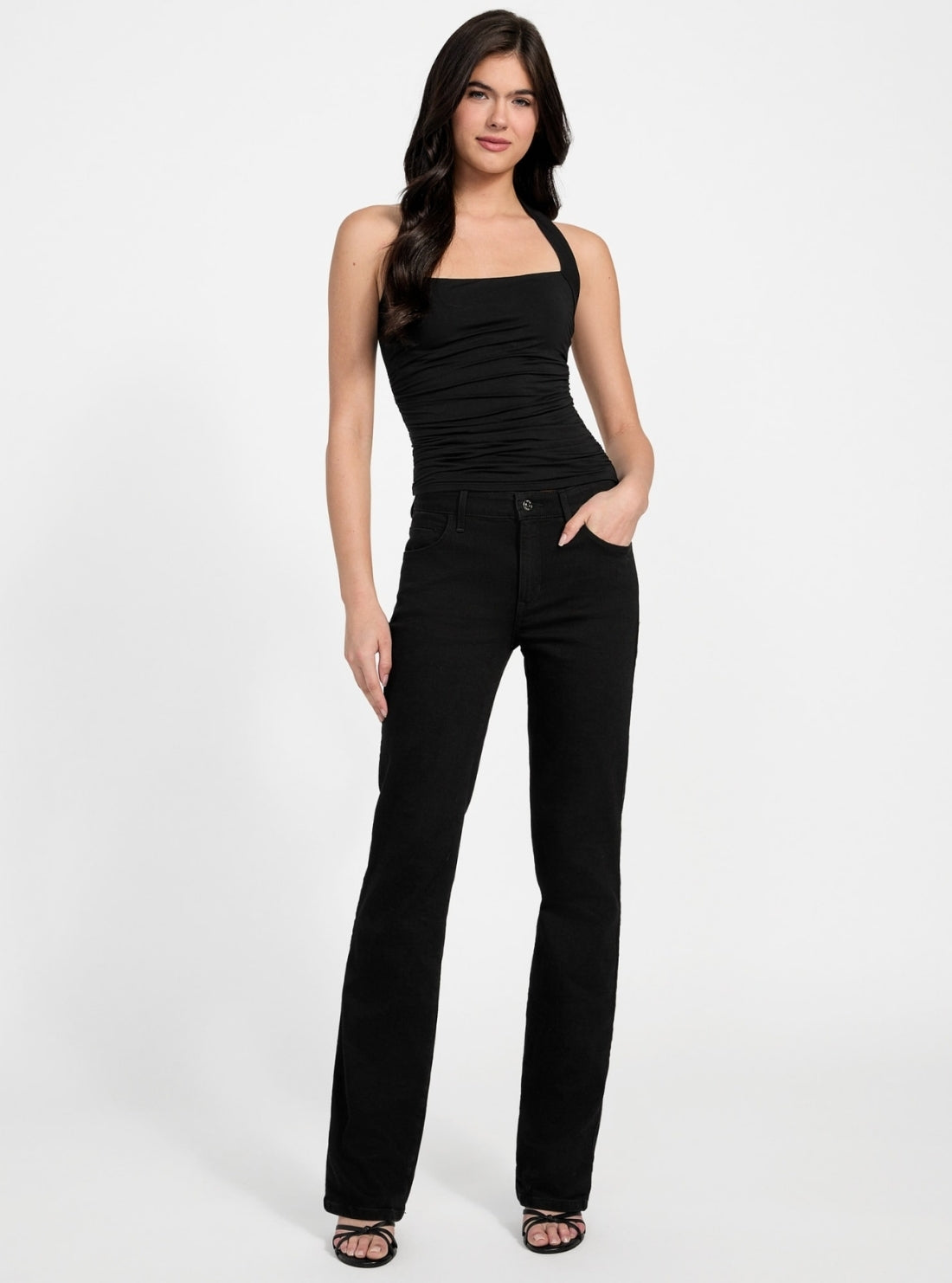 GUESS Womens Eco Black Nora Halter Shirred Tank Top W5YP62KACM2 Full VIew