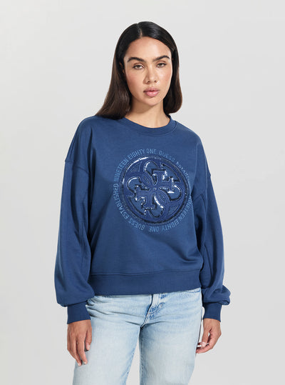 GUESS Womens Blue 4G Logo Hotfix Sweatshirt W5YQ07KB681 Front View