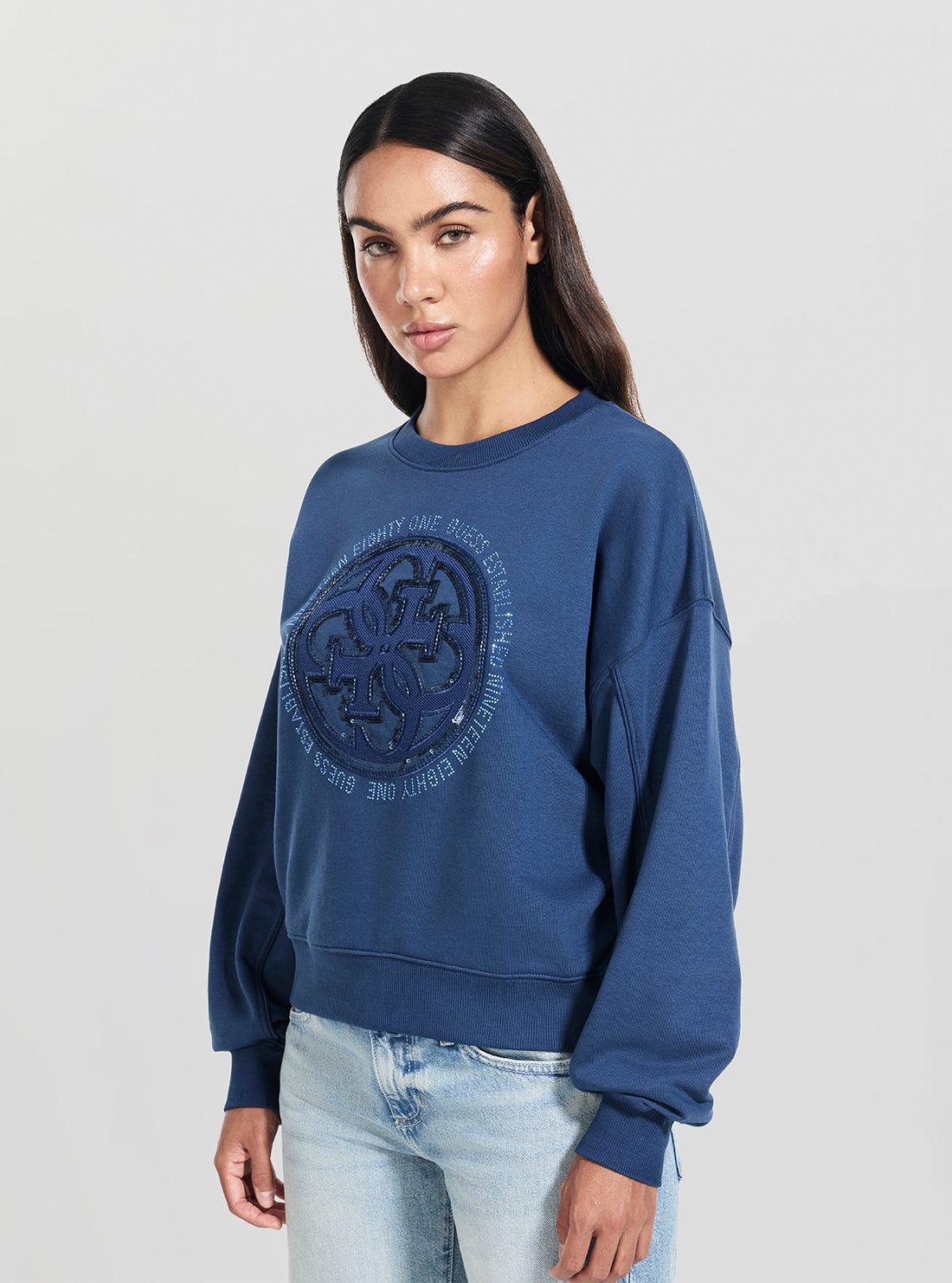 GUESS Womens Blue 4G Logo Hotfix Sweatshirt W5YQ07KB681 Side View