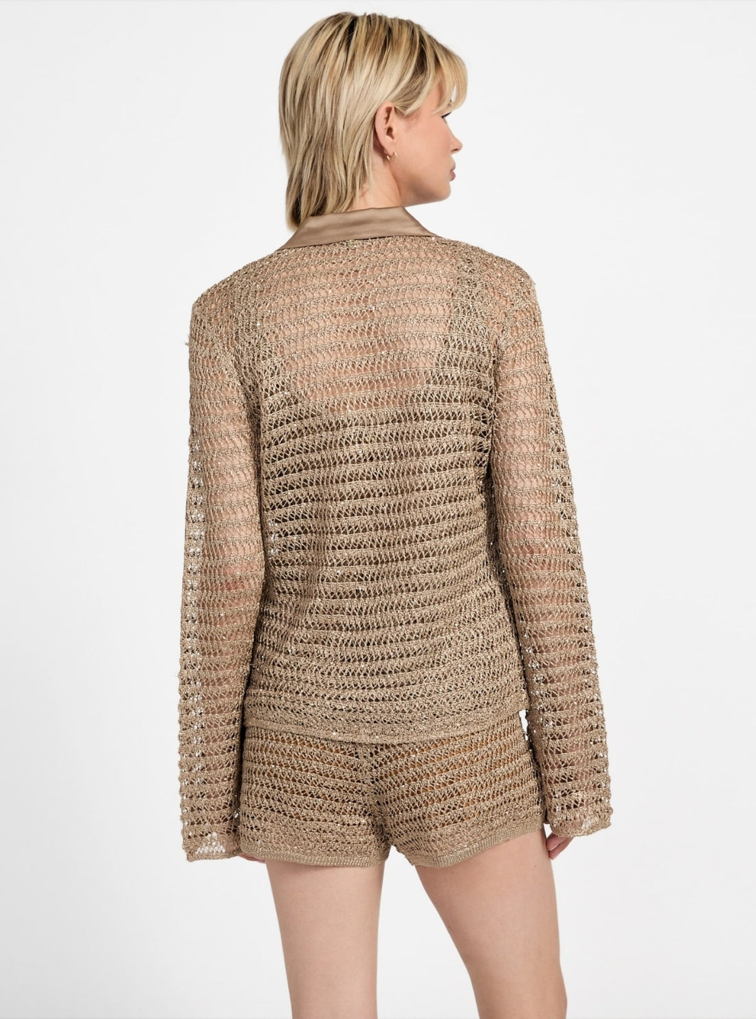 GUESS Womens Beige Bella Button-Front Top W5YR30Z37G0 Back View