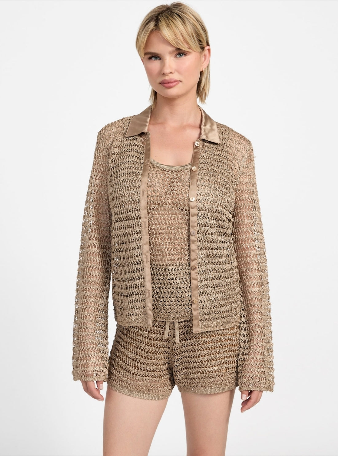 GUESS Womens Beige Bella Button-Front Top W5YR30Z37G0 Front View