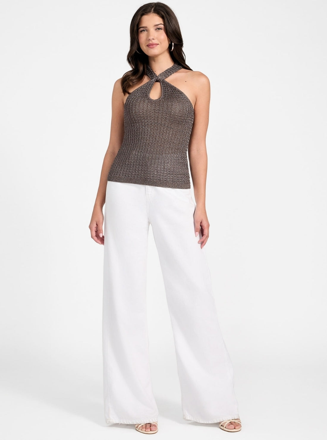 GUESS Womens Grey Metallic Halter Keyhole Ella Tank Top W5YR39Z24F0 Full View