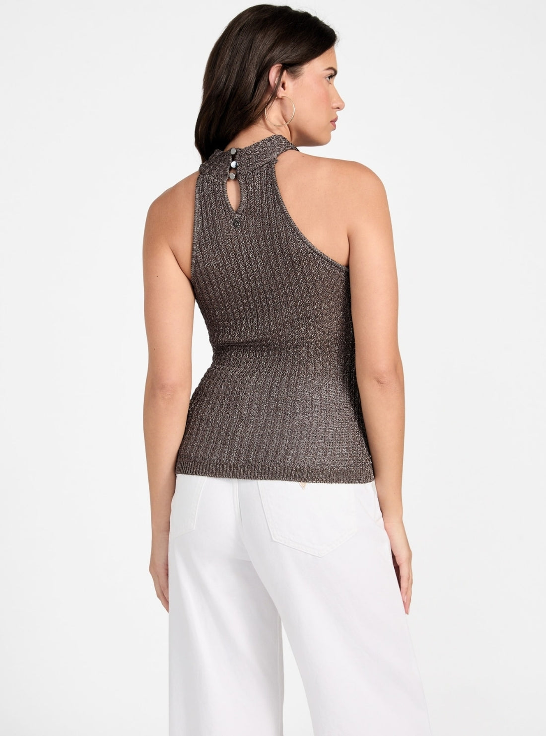 GUESS Womens Grey Metallic Halter Keyhole Ella Tank Top W5YR39Z24F0 Back View