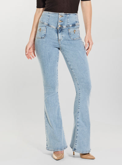 GUESS Womens High-Rise Chandler Kaira Flare Jeans in Light Wash W6GA13D0856 Front View