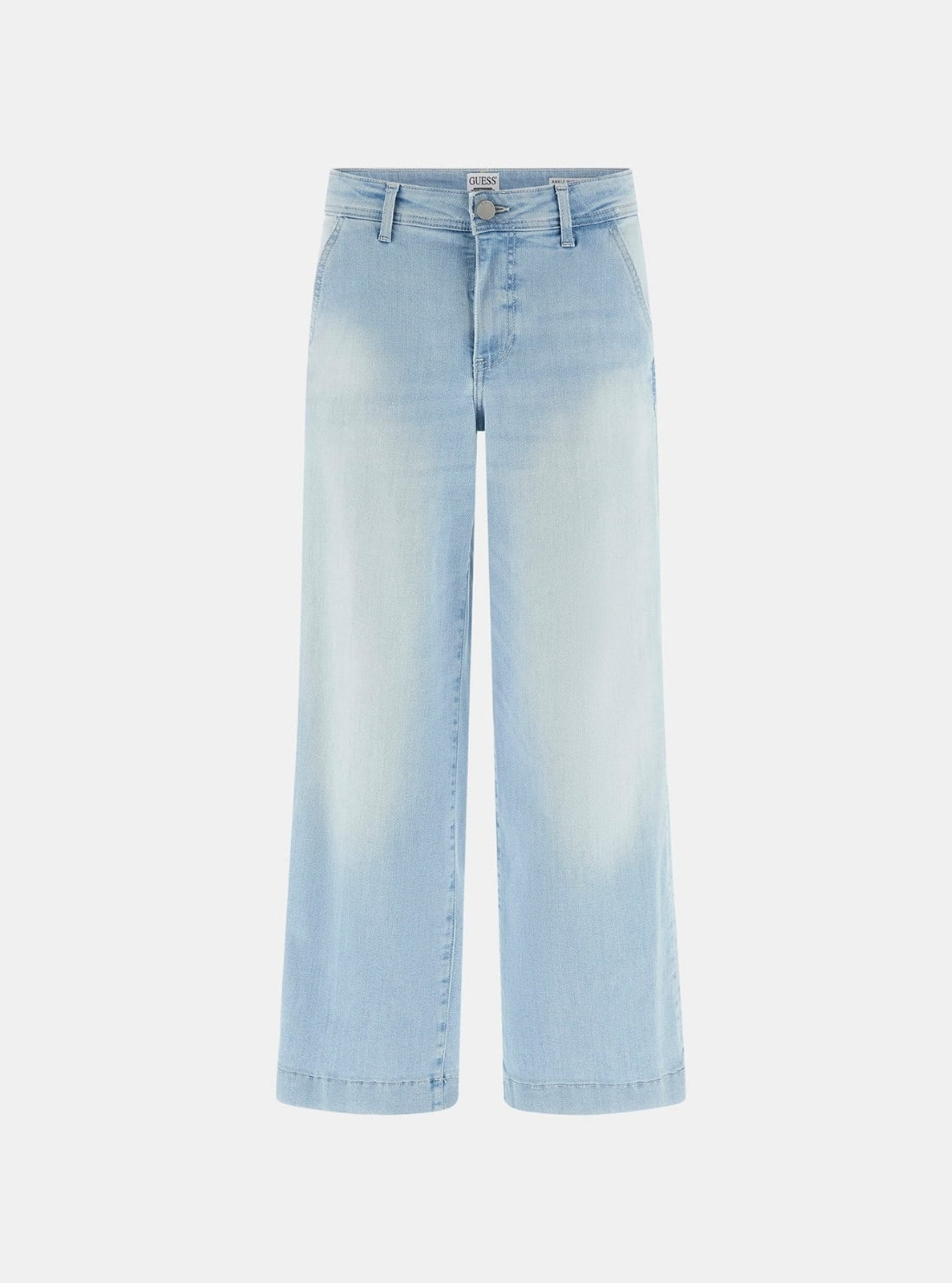 GUESS Womens Eco Zoya Wide Leg Crop Jeans in Light Blue Wash W6GA1LD0689 Flatlay