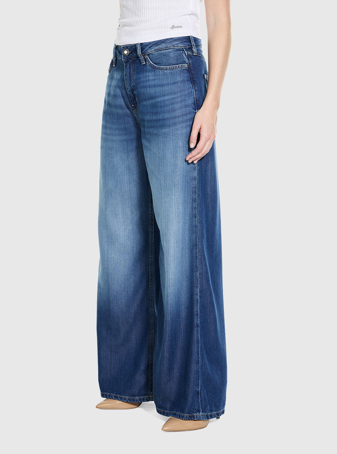 GUESS Womens High-Rise Bellflower Wide Leg Jeans in Cartagena Bay W6GA82D0685 Side View
