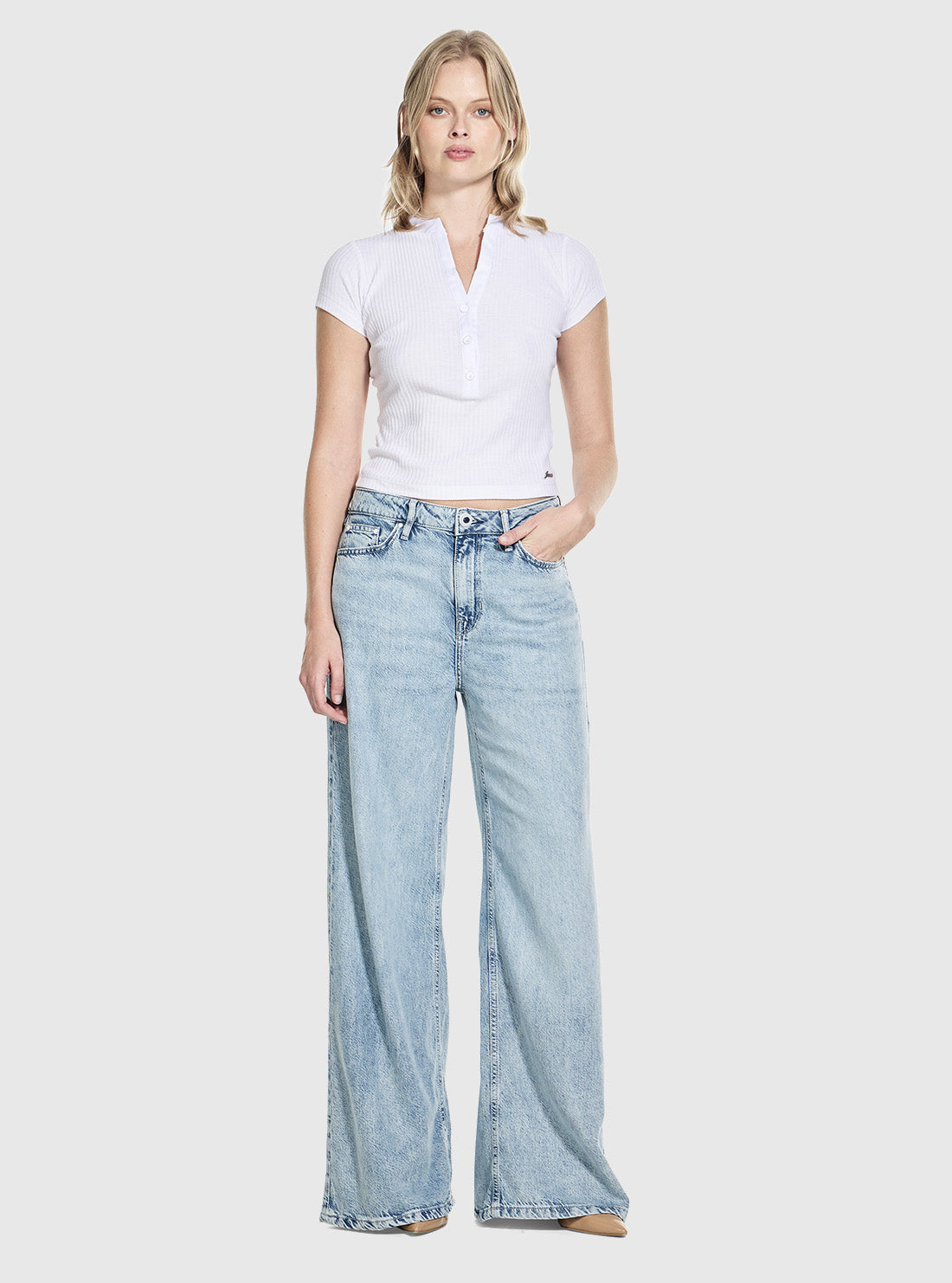 GUESS Womens Bellflower Wide Leg Jeans in Light Wash W6GA82D0697 Full View