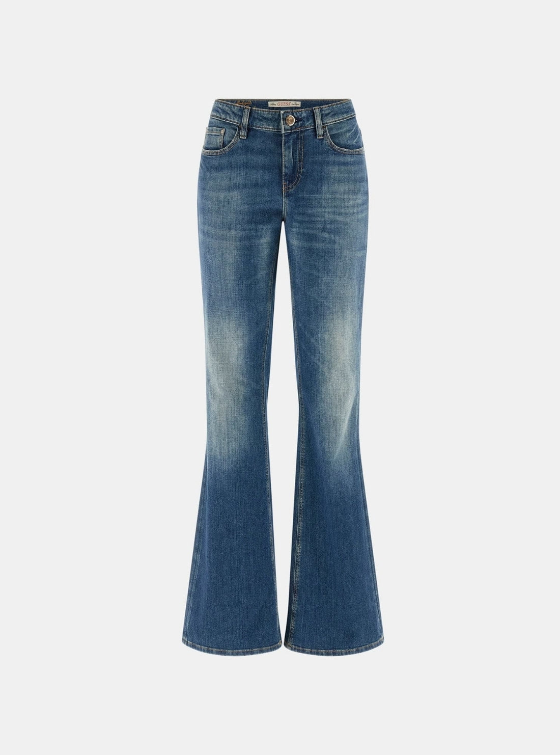 GUESS Womens Low-Rise Bootcut Jeans in Medium Wash W6GAJ7D0717 Flatlay