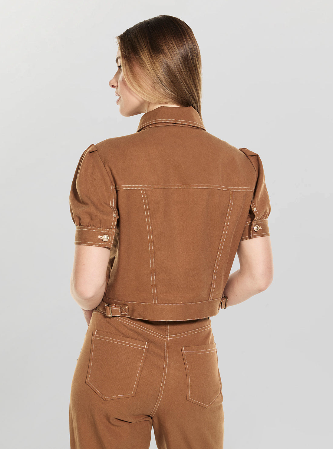 GUESS Womens Brown Coreline Contrast Stitch Trucker Jacket W6GL08W1804 Back View