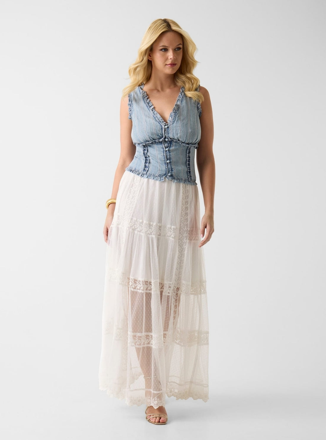 GUESS Womens Eco White Brunella Trims Long Maxi Skirt W6GD37W1857  Full View