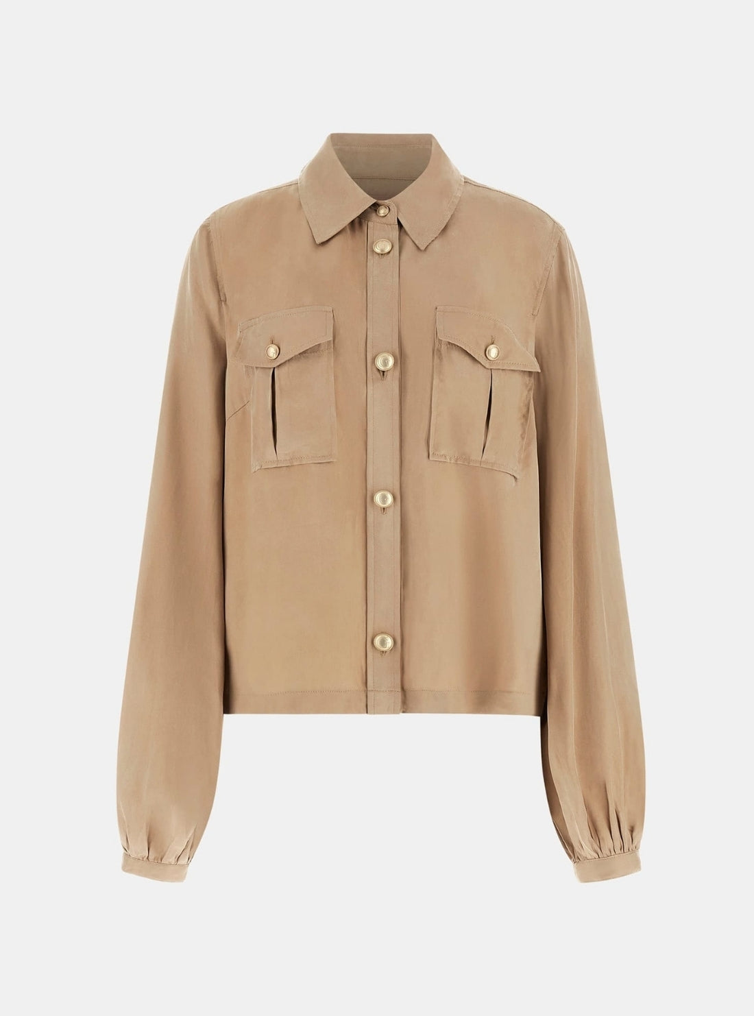 GUESS Womens Eco Brown Dalia Fluid Cropped Shirt W6GH22W1789 Flatlay