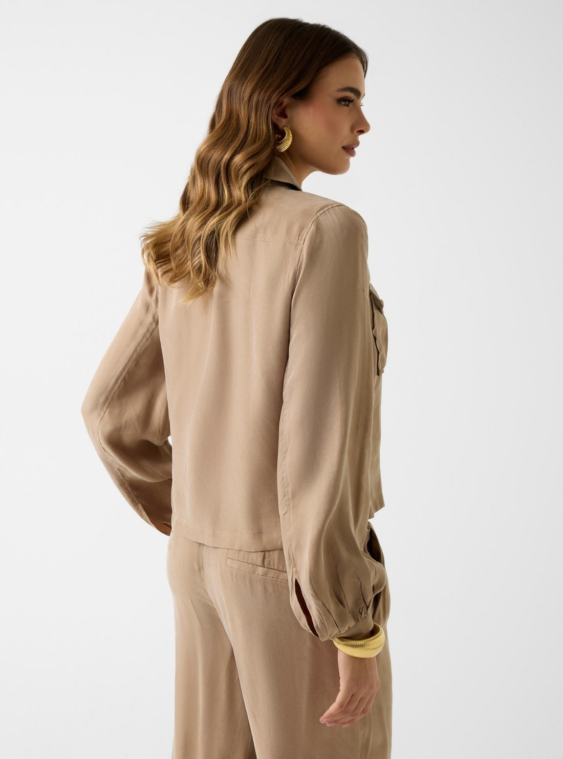 GUESS Womens Eco Brown Dalia Fluid Cropped Shirt W6GH22W1789 Back View