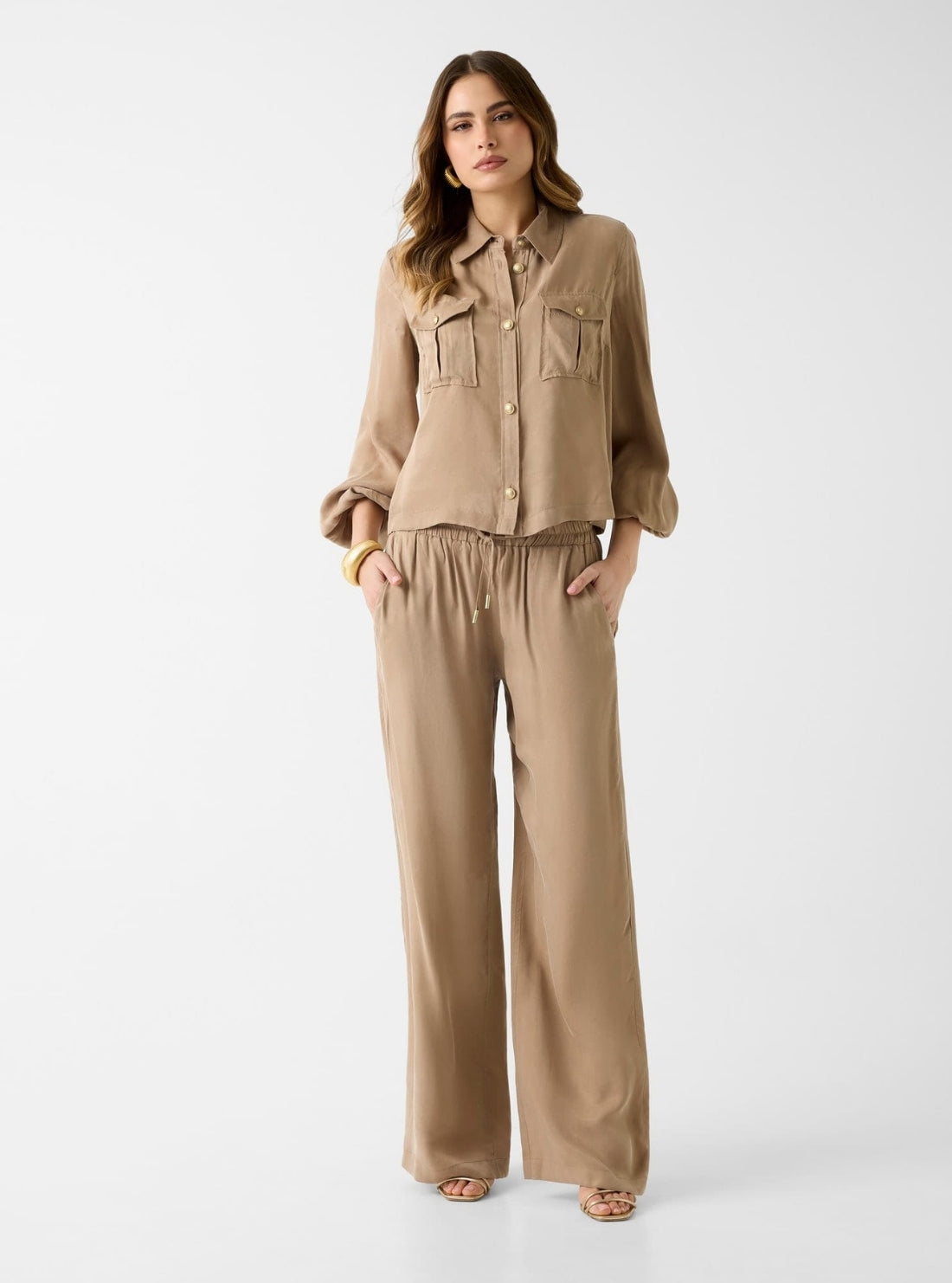 GUESS Womens Eco Brown Dalia Fluid Cropped Shirt W6GH22W1789 Full View