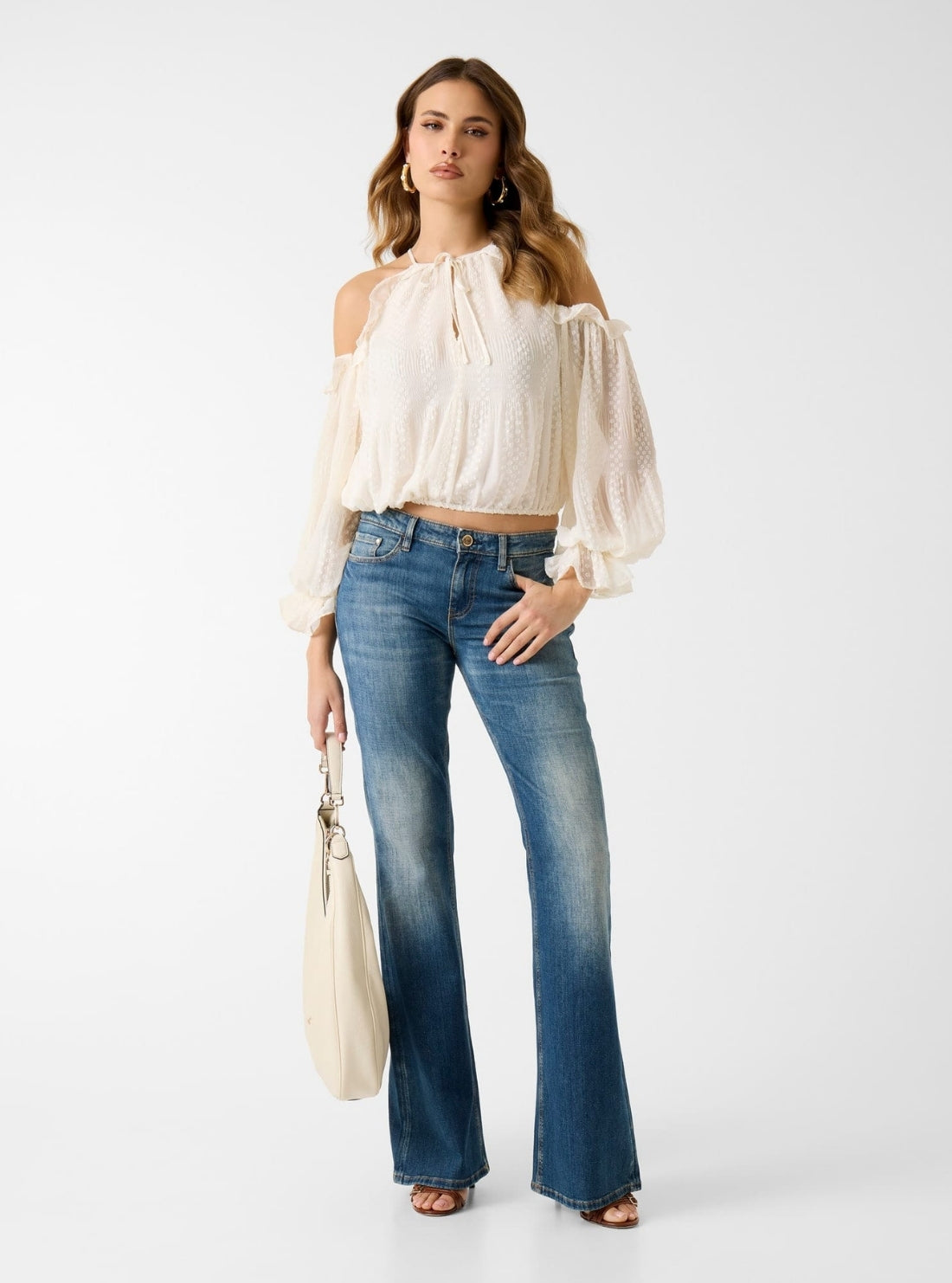 GUESS Womens White Emilia Cold Shoulder Top W6GH61W2041 Full View