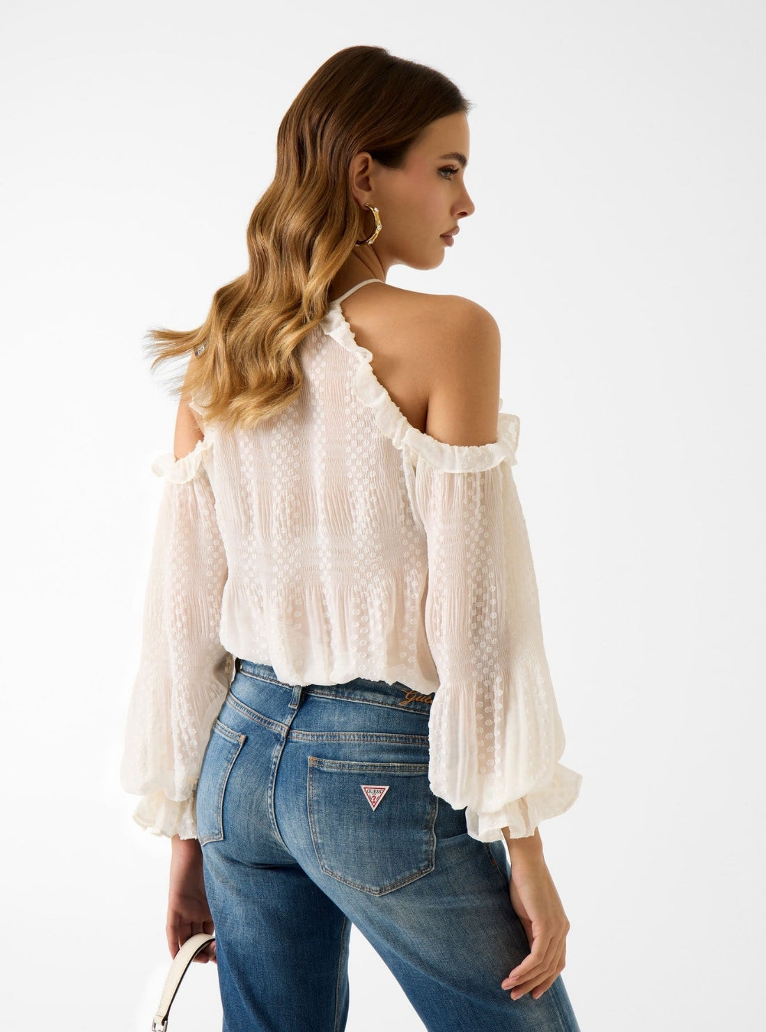 GUESS Womens White Emilia Cold Shoulder Top W6GH61W2041 Back View