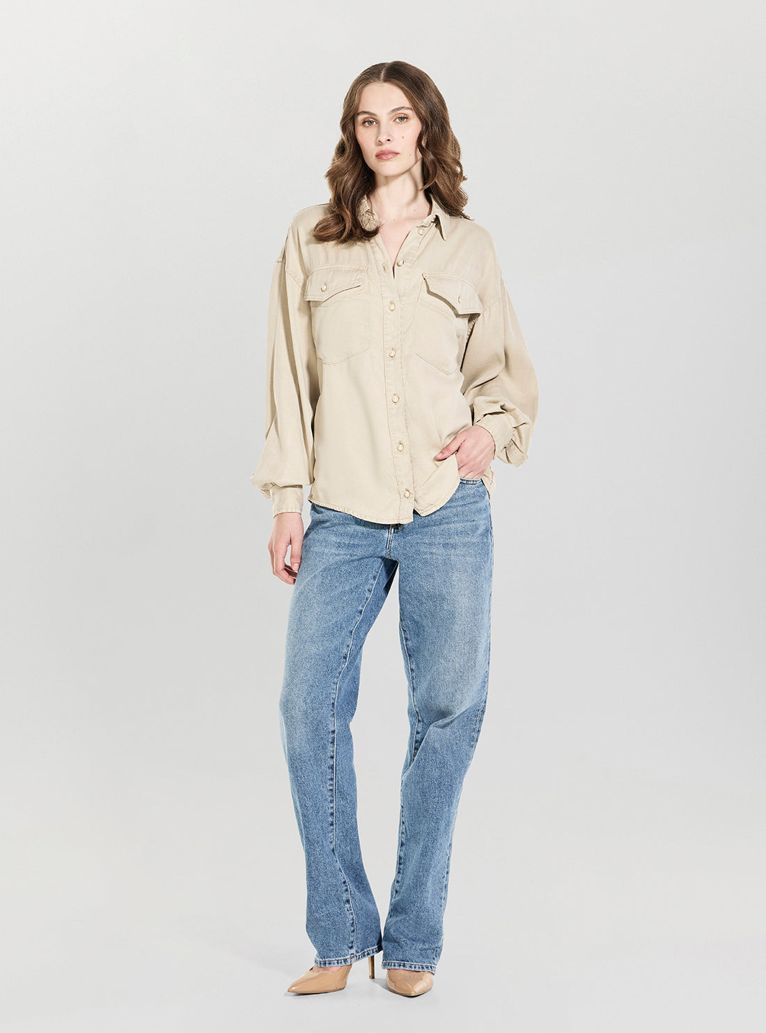 GUESS Womens Beige Lara Long Sleeve Shacket W6GH62W1891 Full View