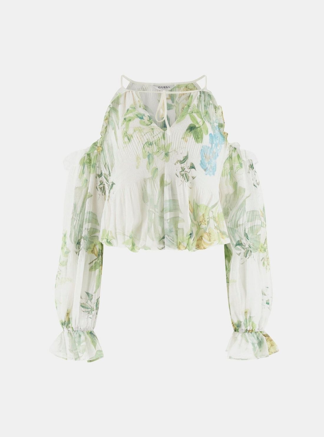 GUESS Womens Garden Lily Print Emily Cold Shoulder Top W6GH94W2397 Flatlay