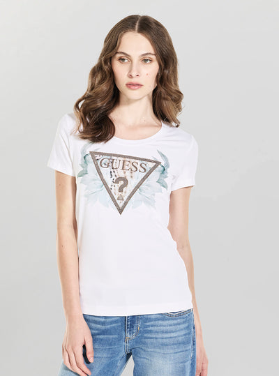 GUESS Womens Eco White Flower Triangle T-Shirt W6GI12K3027 Front View
