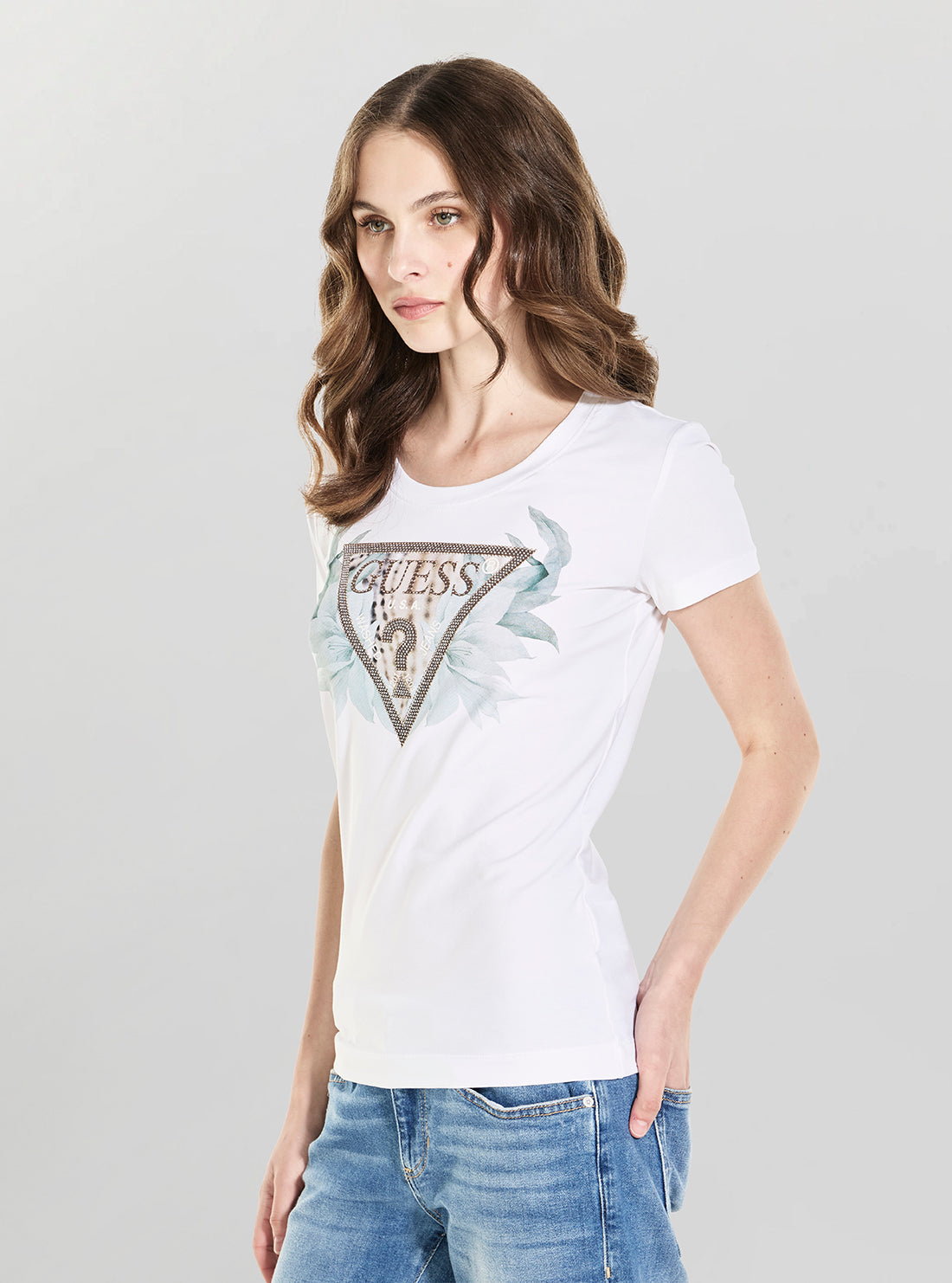 GUESS Womens Eco White Flower Triangle T-Shirt W6GI12K3027 Side View