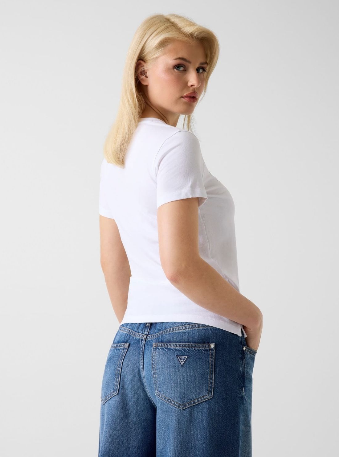 GUESS Womens Eco White Guess Studs Script T-Shirt W6GI15K3035 Back View