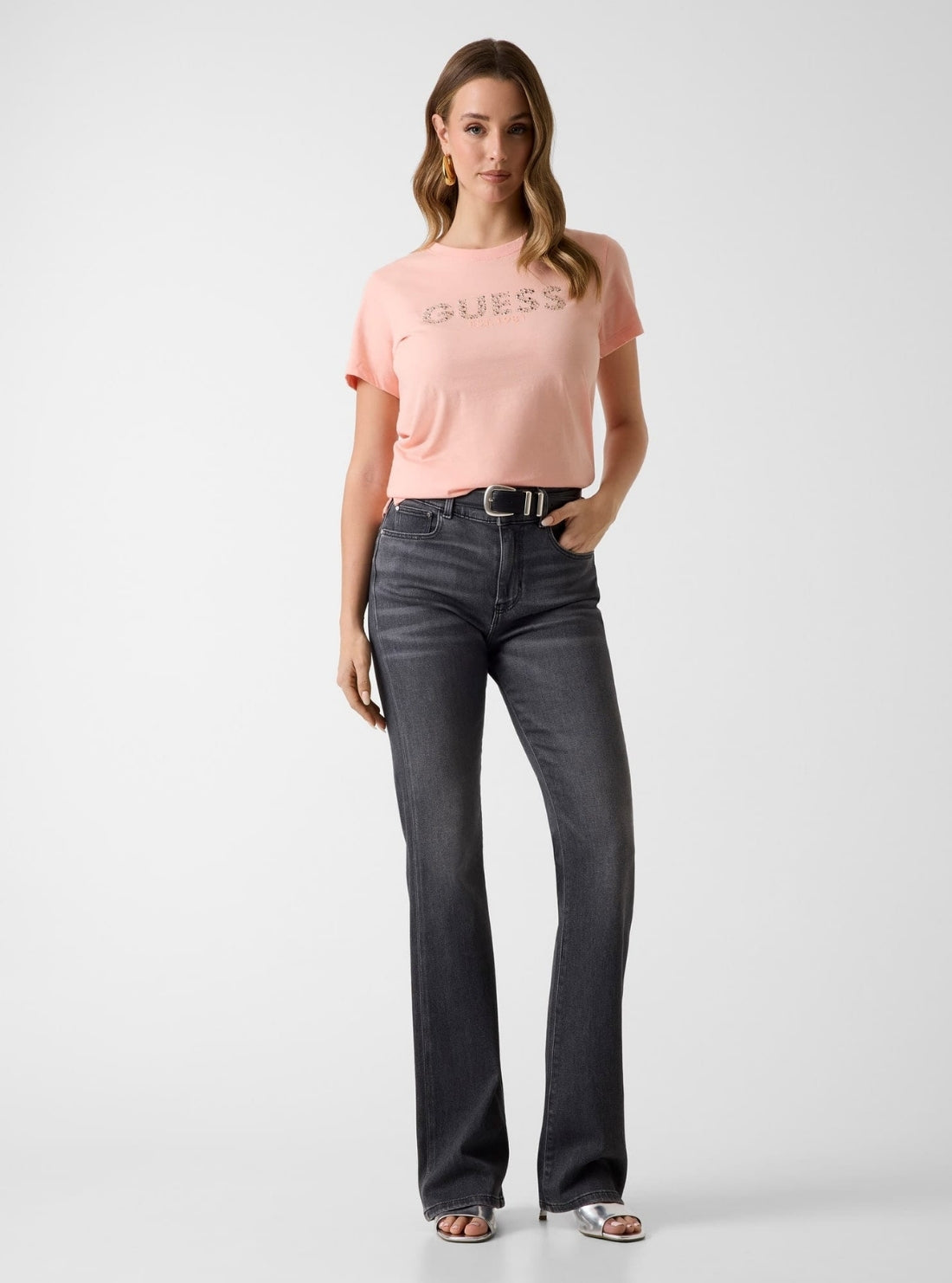 GUESS Womens Eco Peach Creme Guess Studs Script T-Shirt W6GI15K3035 Full View