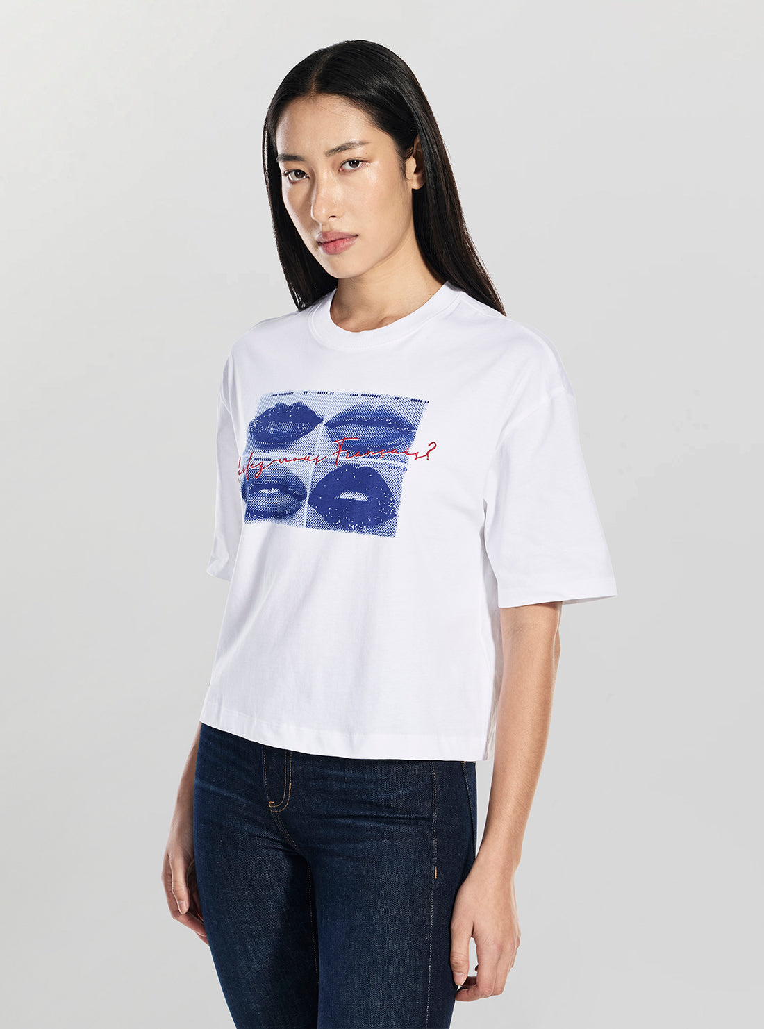 GUESS Womens White French Lips Oversized T-Shirt W6GI40K3532 Side View