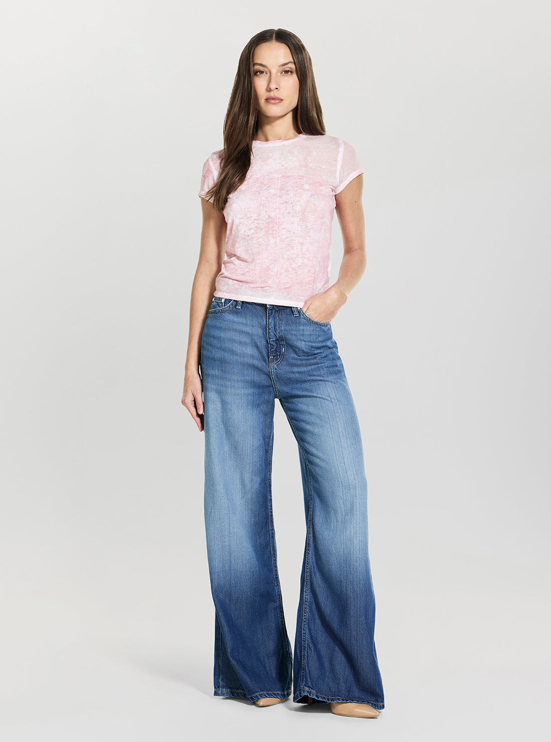 GUESS Womens Peach Cream Flower Denim Sub T-Shirt W6GI44K361 Full View
