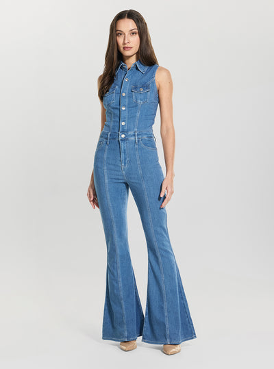 GUESS Womens Blue Harlow Flare Denim Jumpsuit W6GK74D0874 Full View