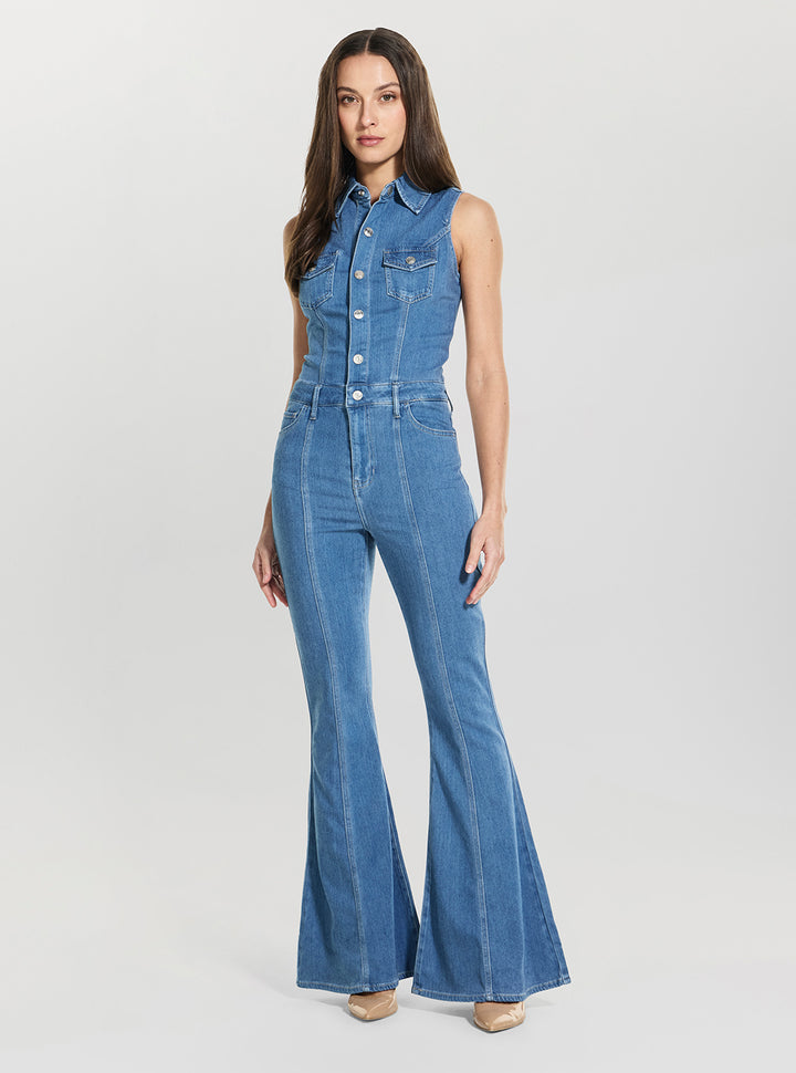GUESS Womens Blue Harlow Flare Denim Jumpsuit W6GK74D0874 Full View