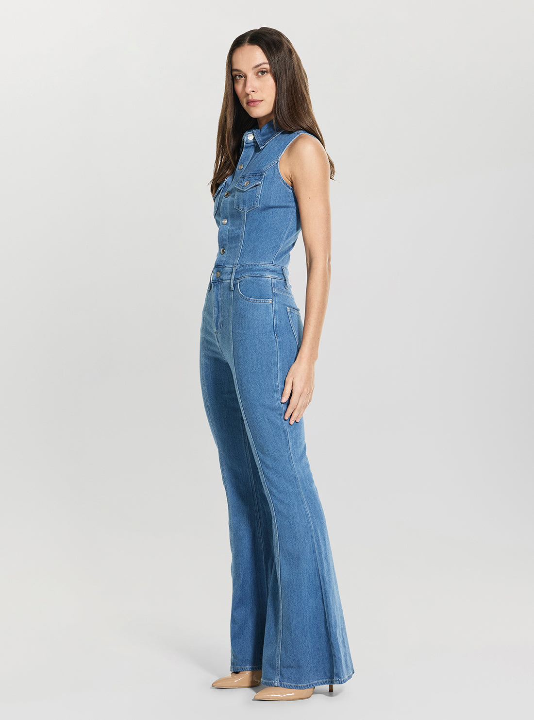 GUESS Womens Blue Harlow Flare Denim Jumpsuit W6GK74D0874 Side View