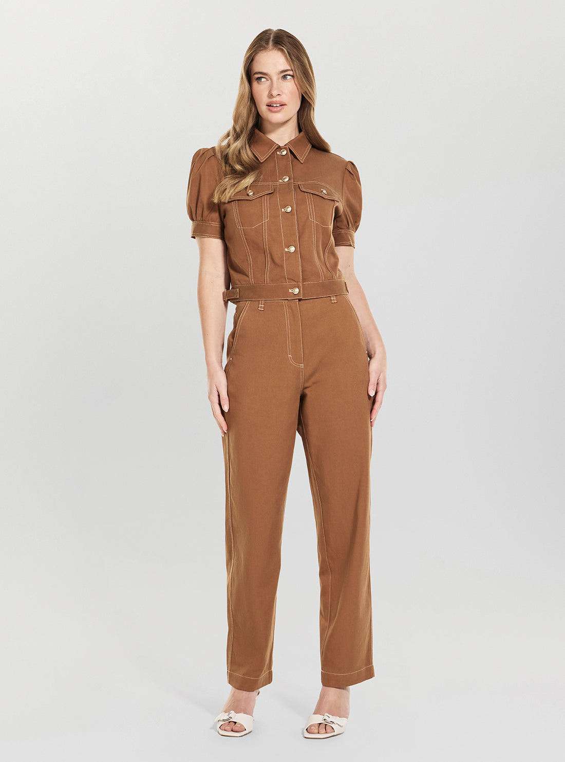 GUESS Womens Brown Coreline Contrast Stitch Trucker Jacket W6GL08W1804 Full View
