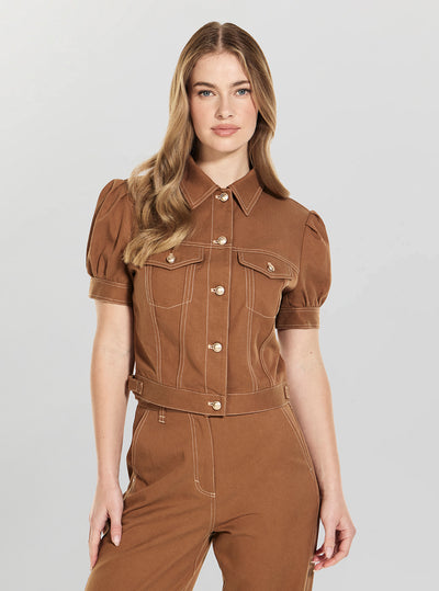 GUESS Womens Brown Coreline Contrast Stitch Trucker Jacket W6GL08W1804 Front View