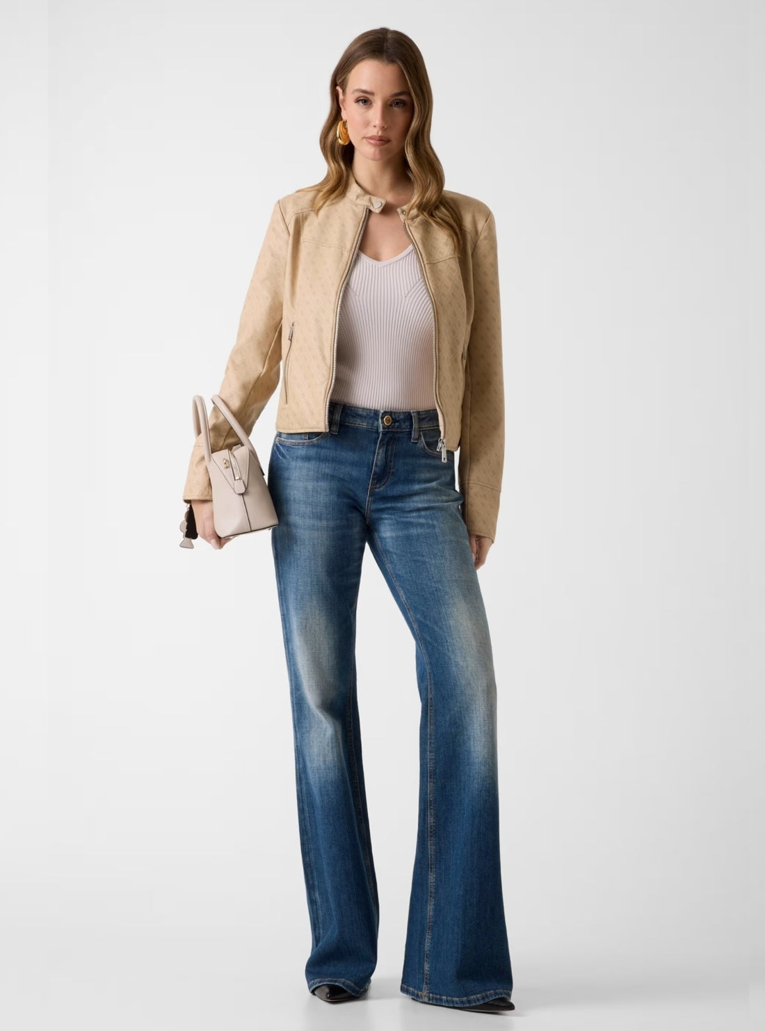 GUESS Womens Beige Anita Logo Faux-Leather Jacket W6GL09W1834 Full View