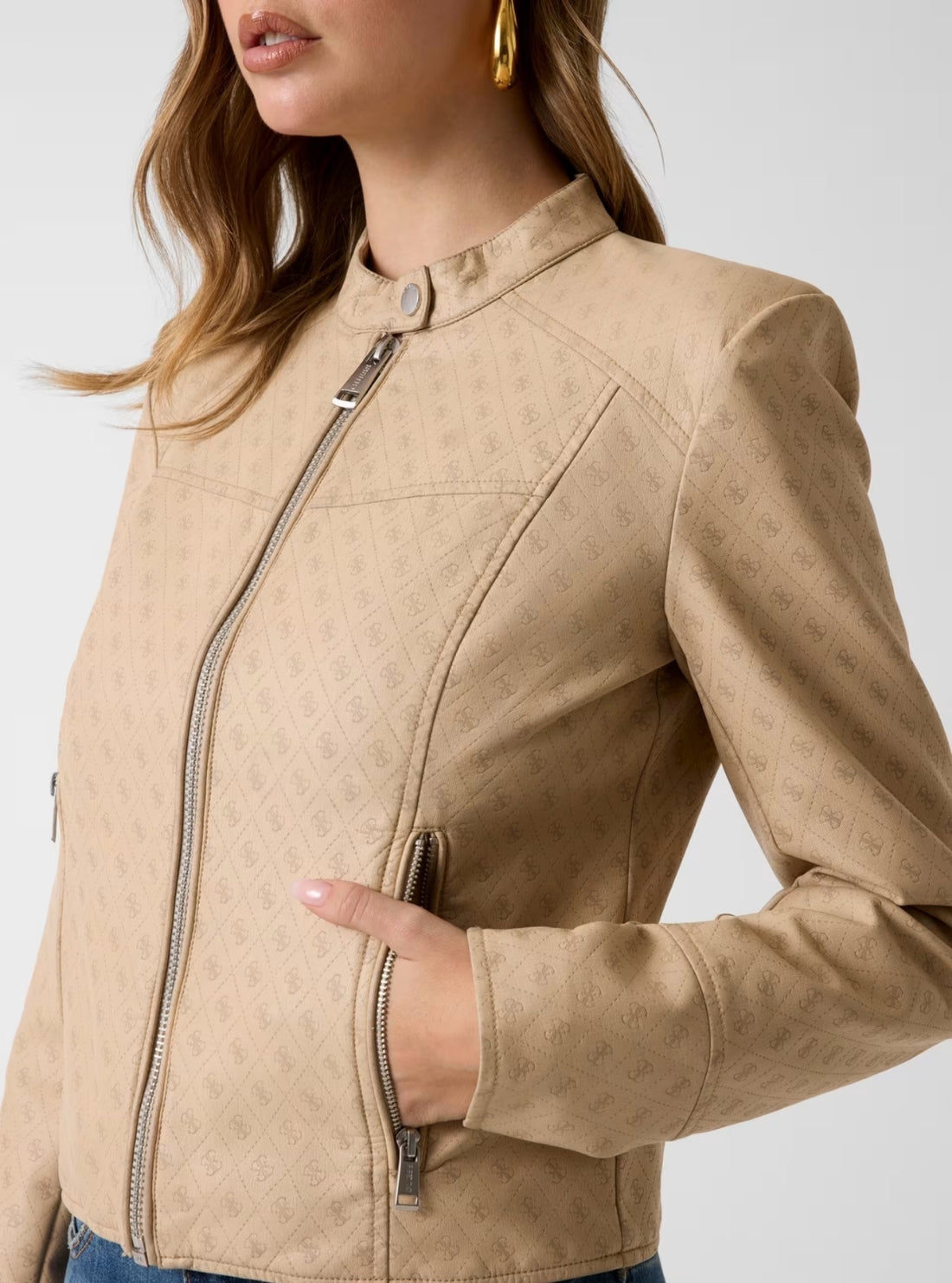 GUESS Womens Beige Anita Logo Faux-Leather Jacket W6GL09W1834 Detail View