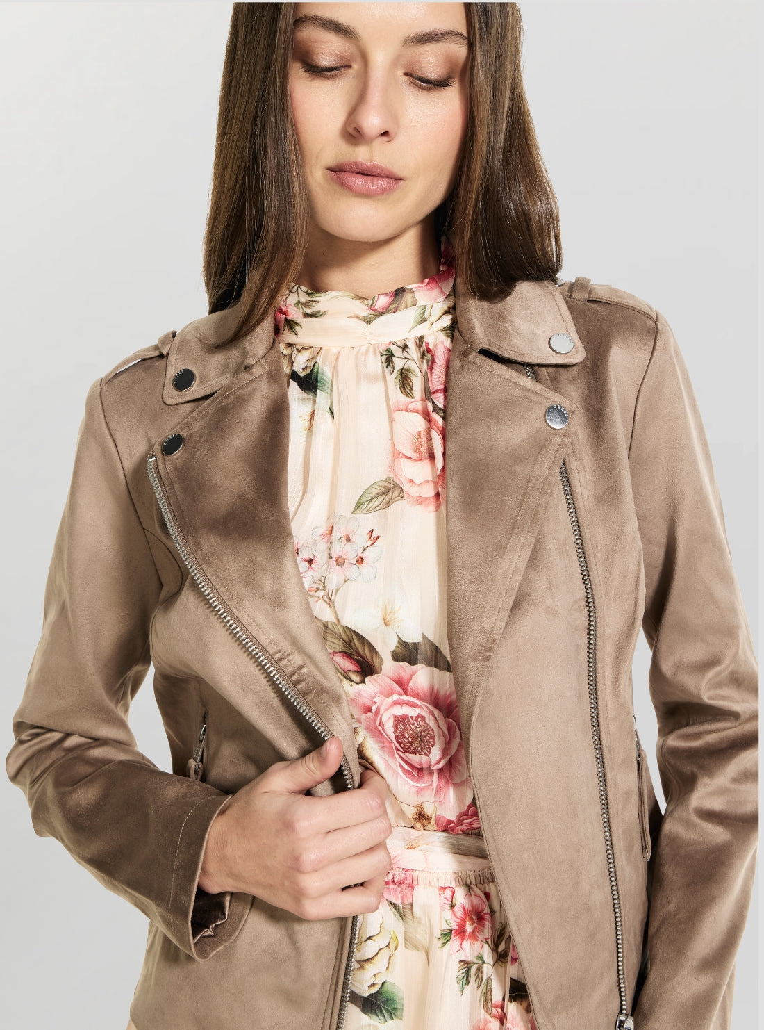 GUESS Womens Brown New Monica Suede Biker Jacket W6GL10W1968 Detail View