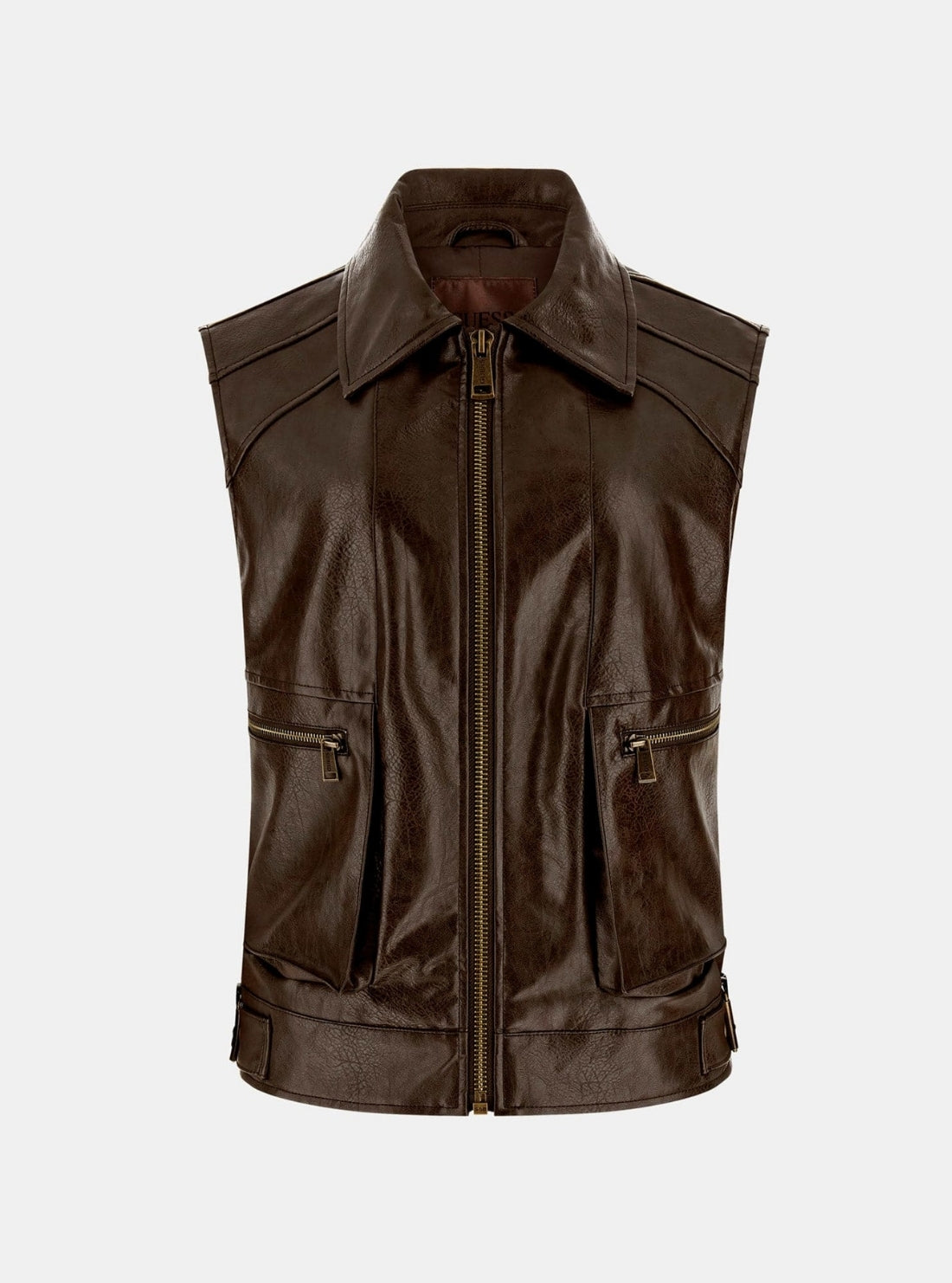 GUESS Womens Brown Lucy Faux-Leather Vest W6GL15W1839 Flatlay