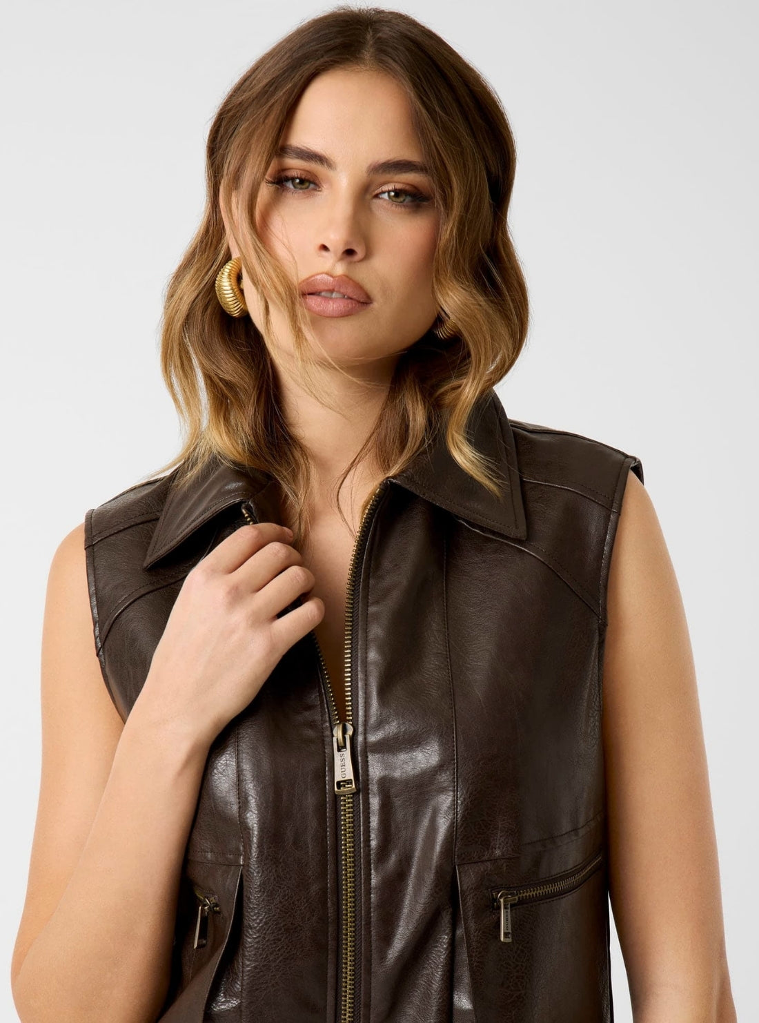 GUESS Womens Brown Lucy Faux-Leather Vest W6GL15W1839 Detail View