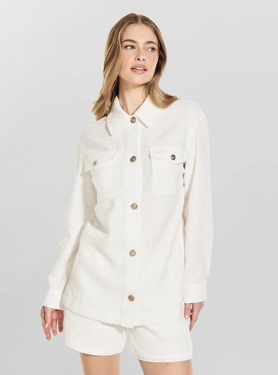 GUESS Womens White Eulalie Tweed Shacket W6GL37W2265 Front View