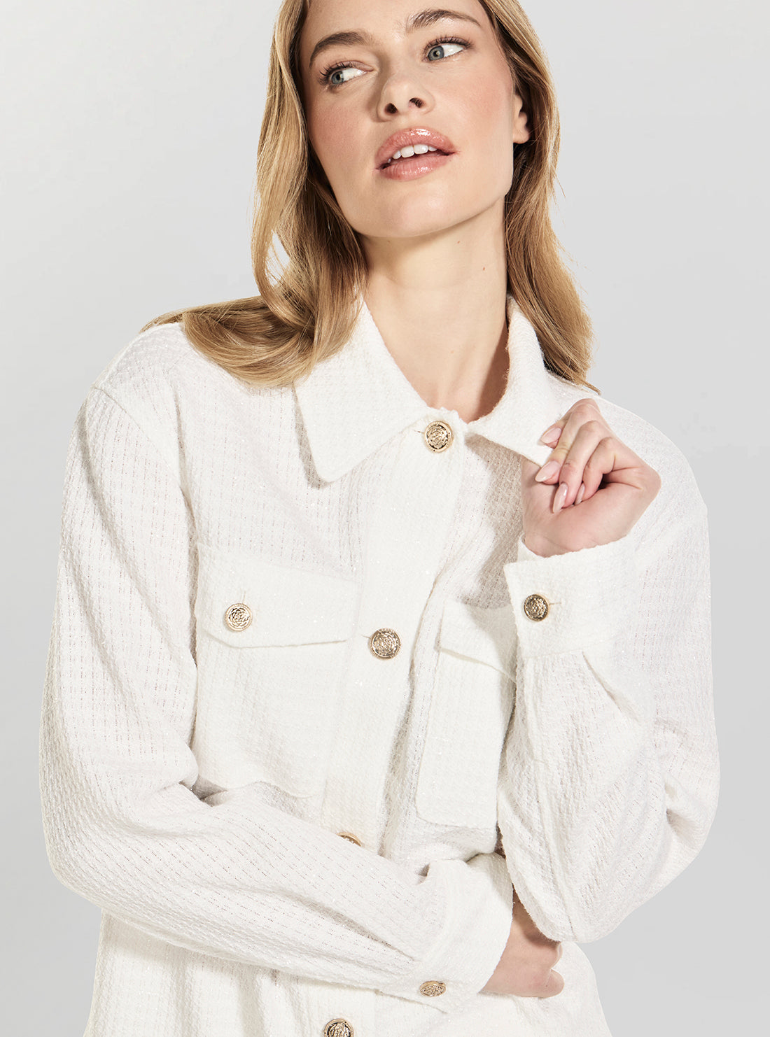 GUESS Womens White Eulalie Tweed Shacket W6GL37W2265 Detail View