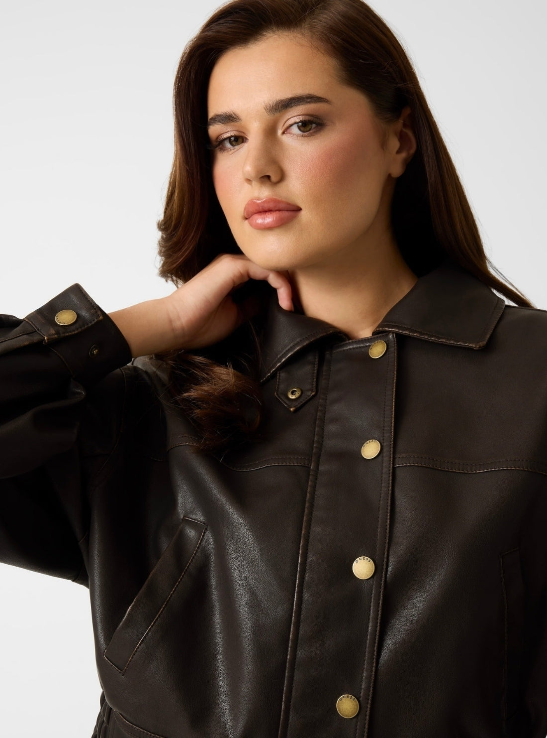 GUESS Womens Brown Clelia Faux-Leather Jacket W6GL40W2358 Detail View